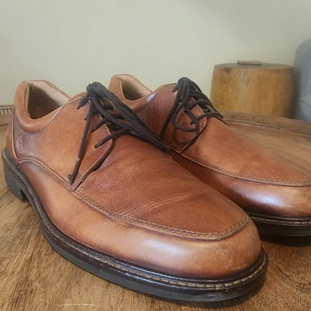 Ecco Brown Oxford Walnut Leather Shock Point Square Toe Dress Shoes Mens 9.5